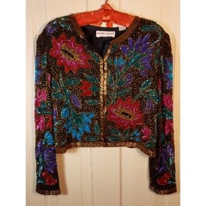 Beautiful vintage beaded sequined cropped jacket dress topper Night Vogue L